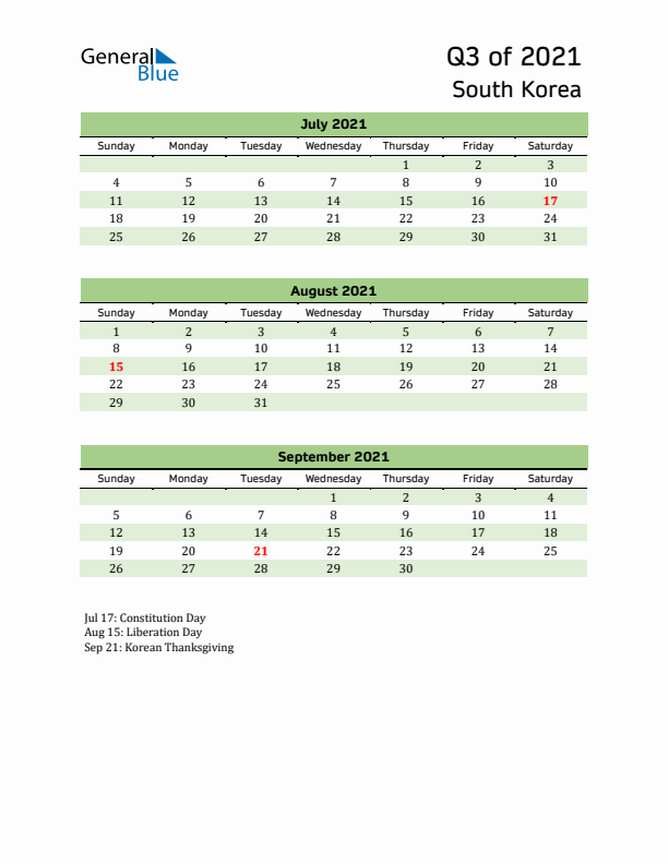 Quarterly Calendar 2021 with South Korea Holidays