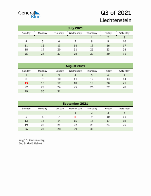 Quarterly Calendar 2021 with Liechtenstein Holidays