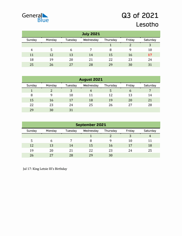 Quarterly Calendar 2021 with Lesotho Holidays