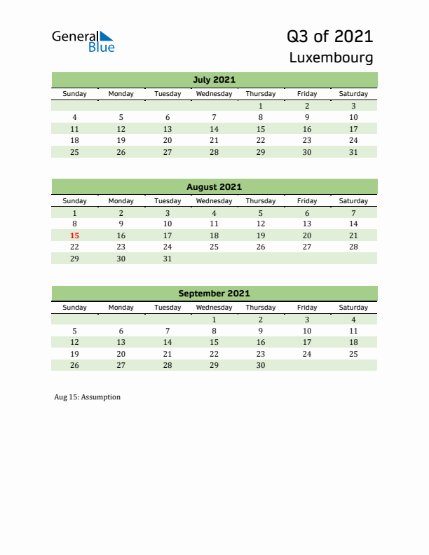 Quarterly Calendar 2021 with Luxembourg Holidays