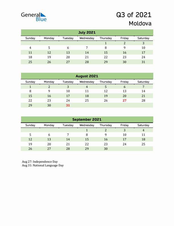 Quarterly Calendar 2021 with Moldova Holidays