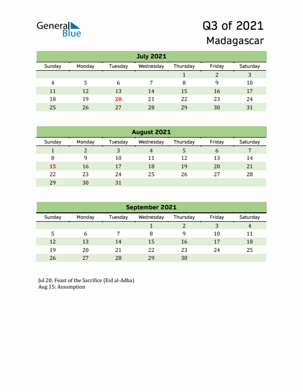 Quarterly Calendar 2021 with Madagascar Holidays