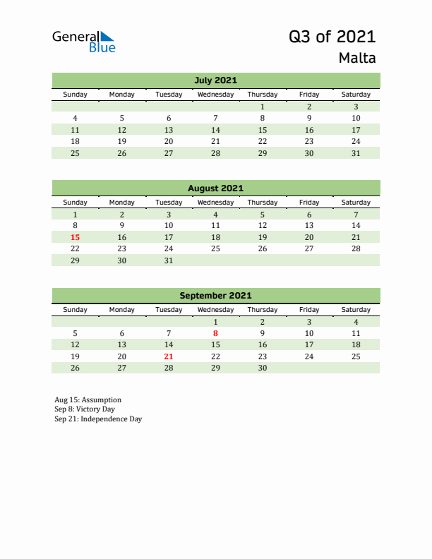 Quarterly Calendar 2021 with Malta Holidays