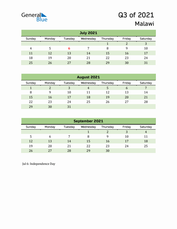 Quarterly Calendar 2021 with Malawi Holidays