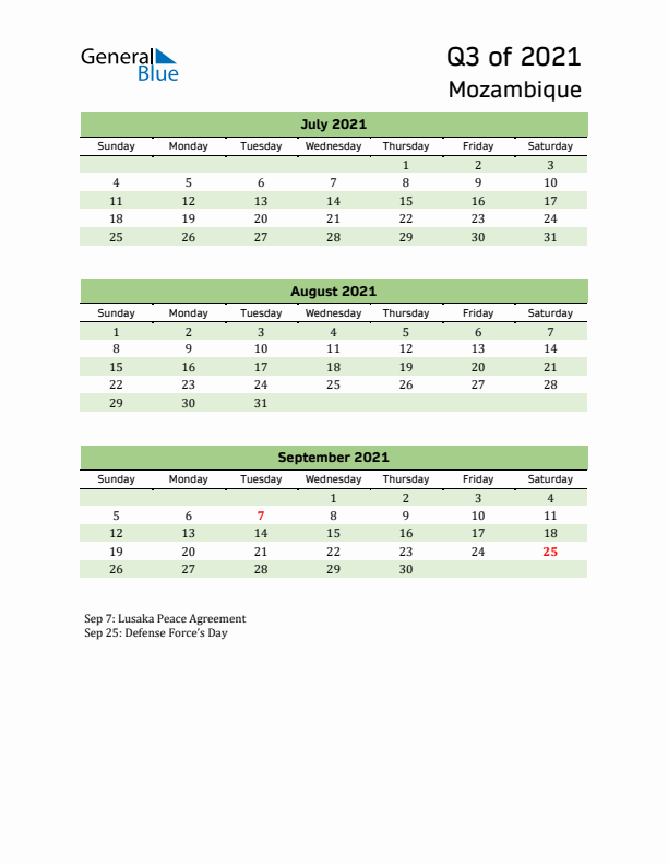 Quarterly Calendar 2021 with Mozambique Holidays