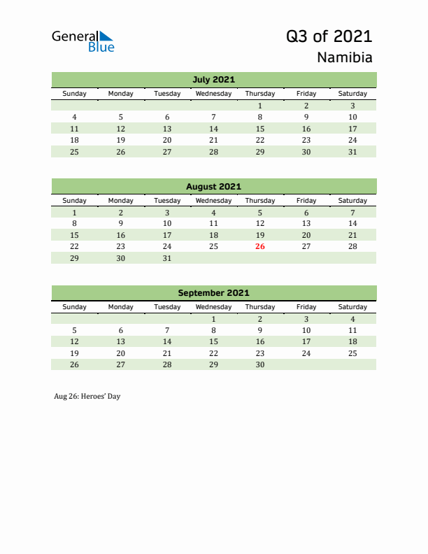 Quarterly Calendar 2021 with Namibia Holidays