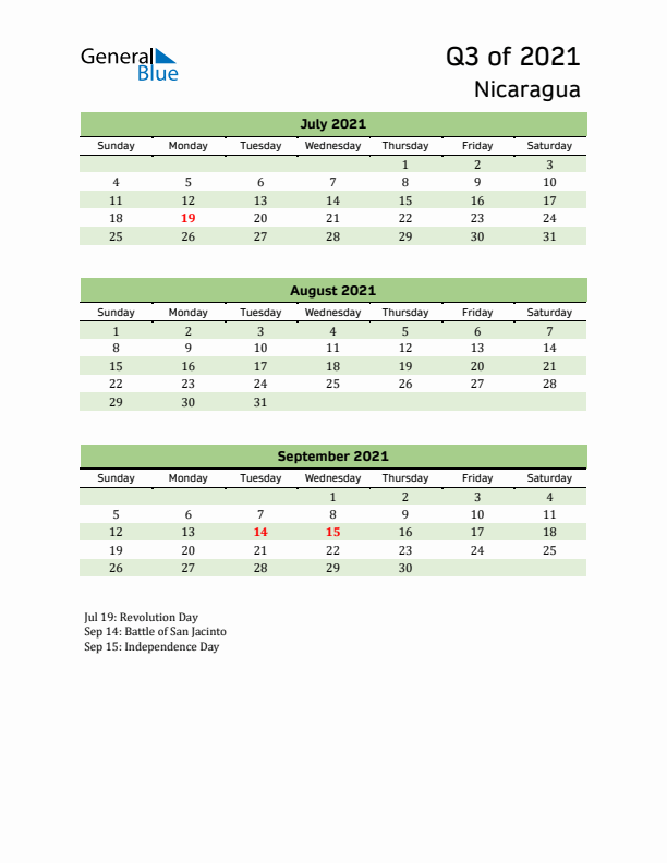 Quarterly Calendar 2021 with Nicaragua Holidays