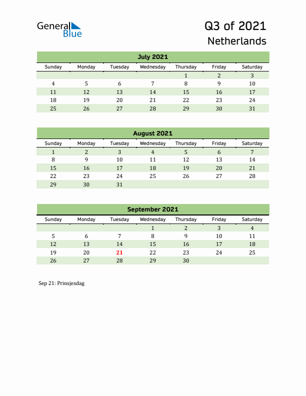 Quarterly Calendar 2021 with The Netherlands Holidays