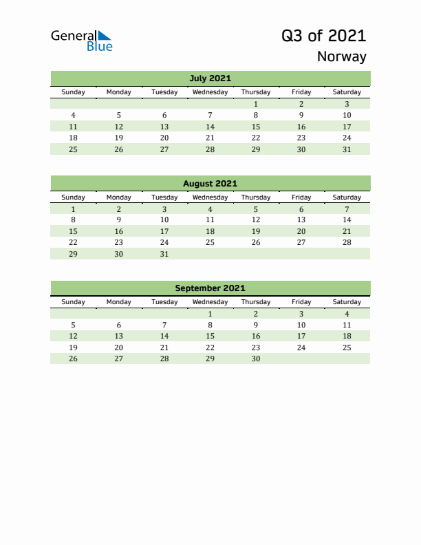 Quarterly Calendar 2021 with Norway Holidays