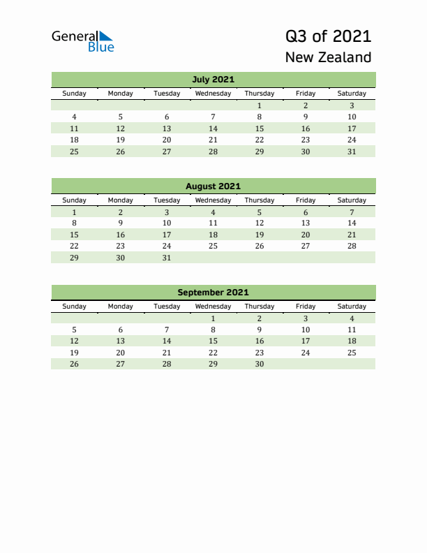 Quarterly Calendar 2021 with New Zealand Holidays