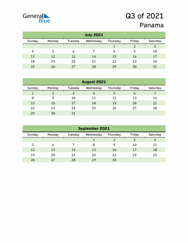 Quarterly Calendar 2021 with Panama Holidays