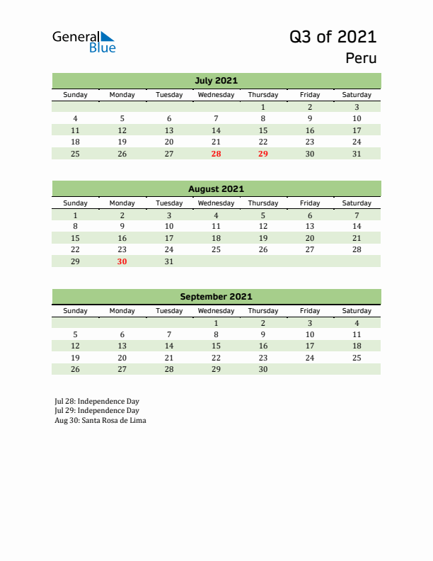 Quarterly Calendar 2021 with Peru Holidays