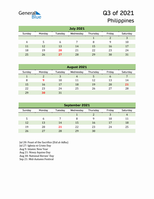 Quarterly Calendar 2021 with Philippines Holidays