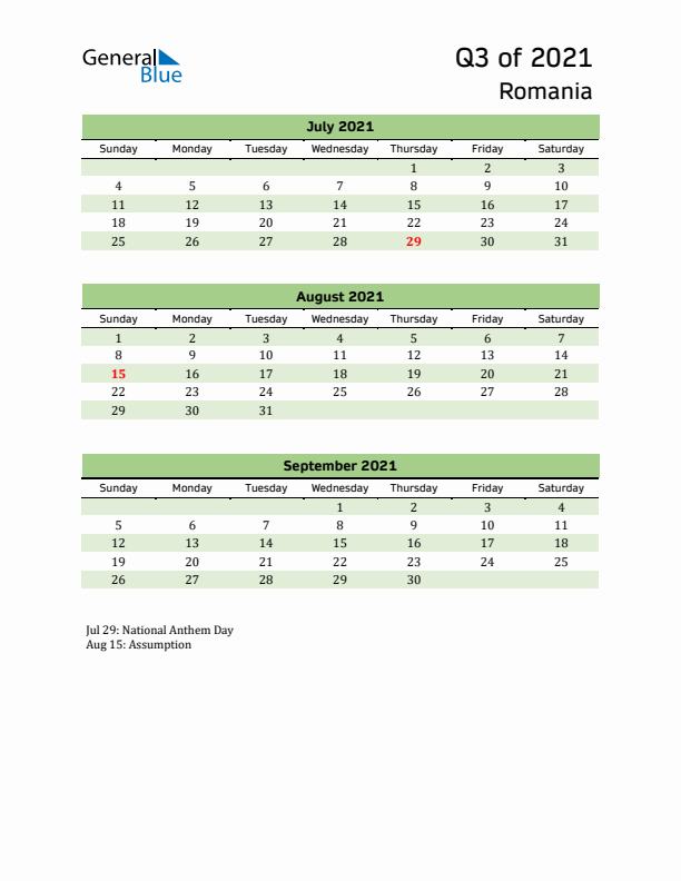 Quarterly Calendar 2021 with Romania Holidays