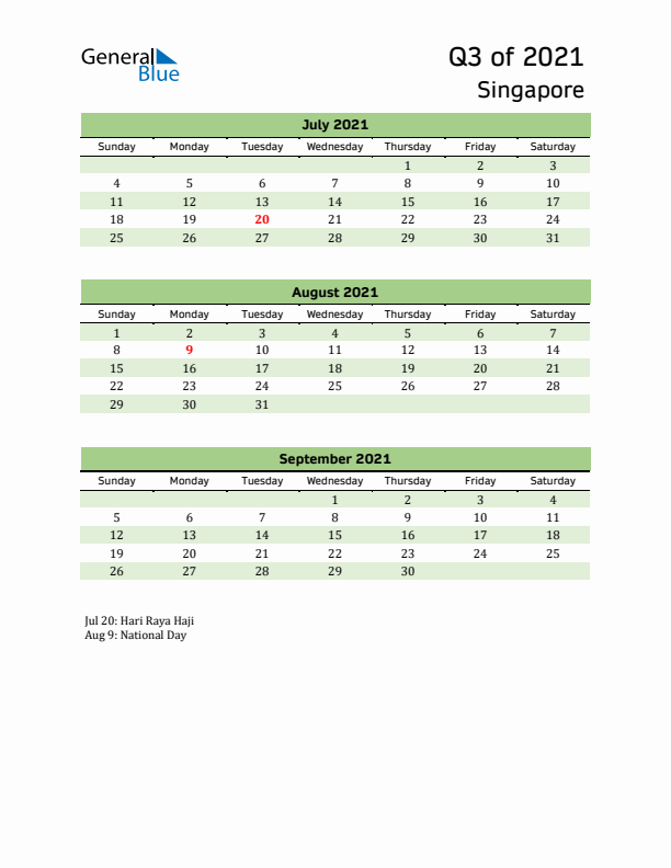 Quarterly Calendar 2021 with Singapore Holidays