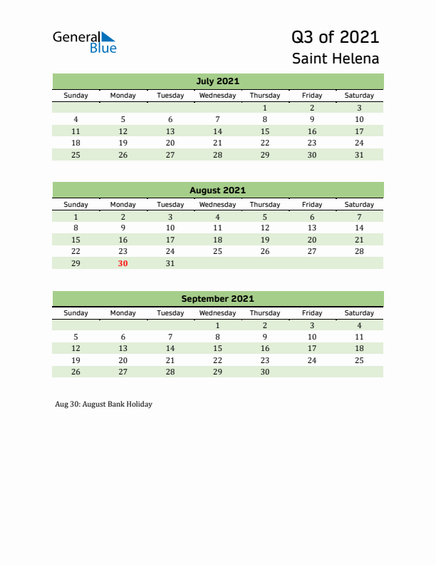 Quarterly Calendar 2021 with Saint Helena Holidays