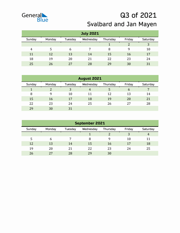 Quarterly Calendar 2021 with Svalbard and Jan Mayen Holidays