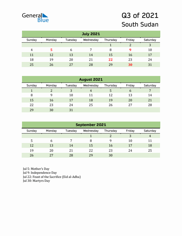 Quarterly Calendar 2021 with South Sudan Holidays