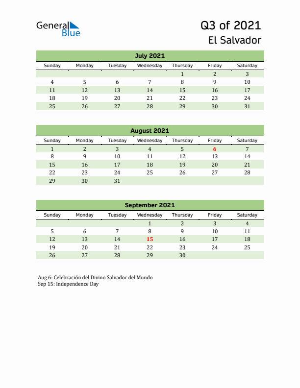 Quarterly Calendar 2021 with El Salvador Holidays