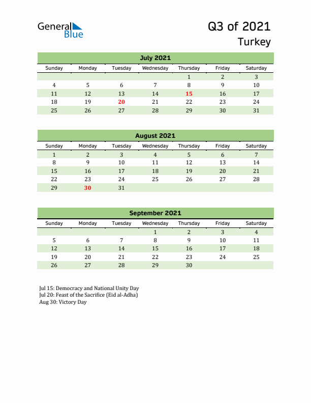 Quarterly Calendar 2021 with Turkey Holidays