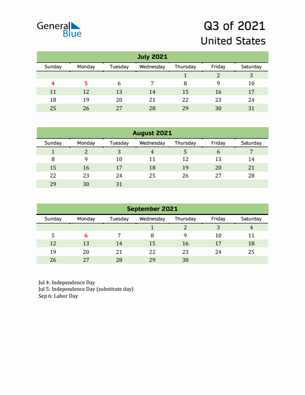 Quarterly Calendar 2021 with United States Holidays