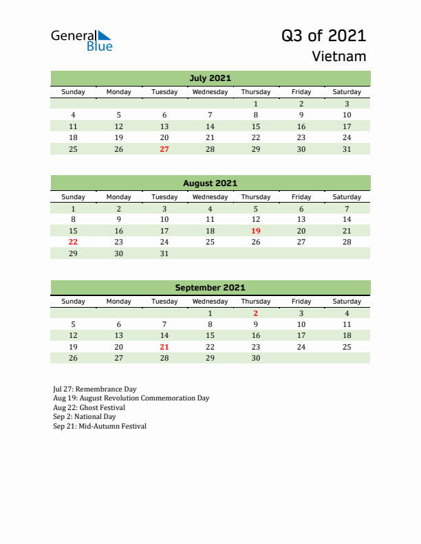 Quarterly Calendar 2021 with Vietnam Holidays