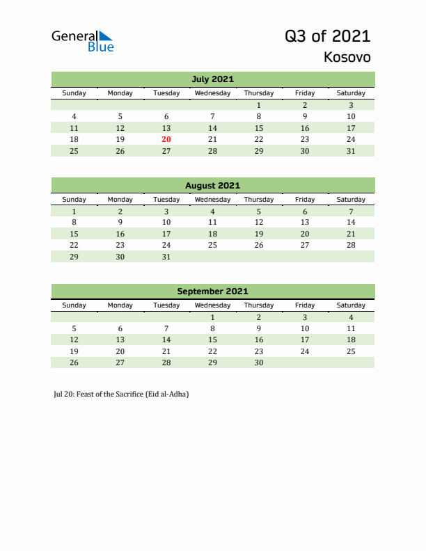 Quarterly Calendar 2021 with Kosovo Holidays