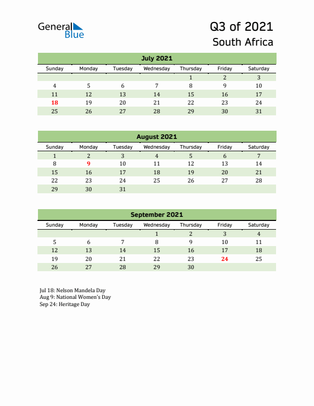 Quarterly Calendar 2021 with South Africa Holidays