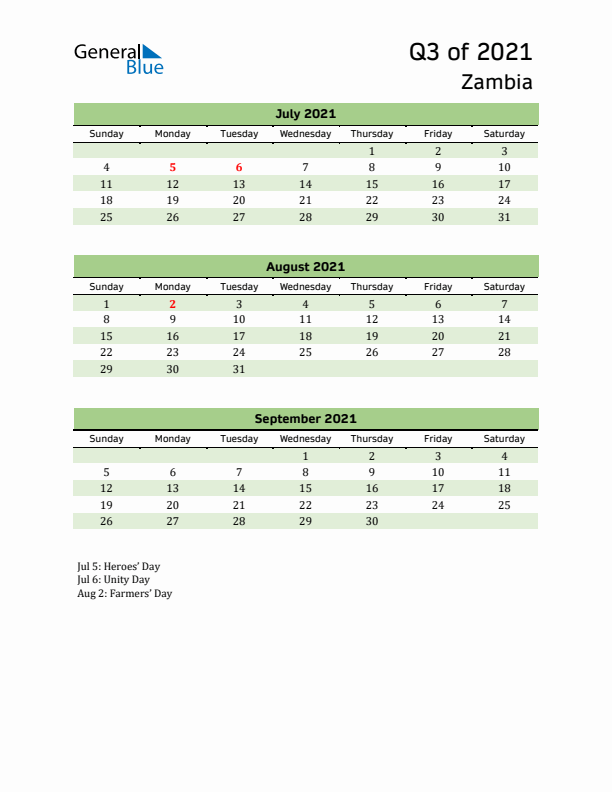 Quarterly Calendar 2021 with Zambia Holidays