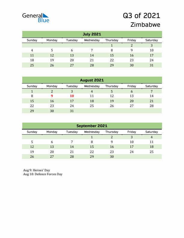 Quarterly Calendar 2021 with Zimbabwe Holidays