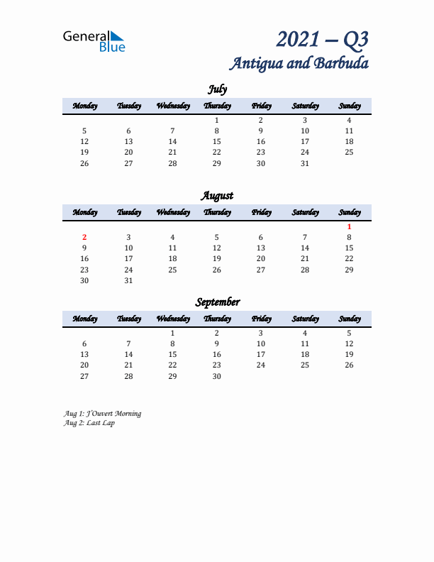 July, August, and September Calendar for Antigua and Barbuda with Monday Start