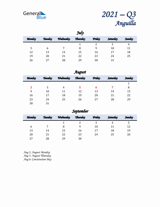 July, August, and September Calendar for Anguilla with Monday Start