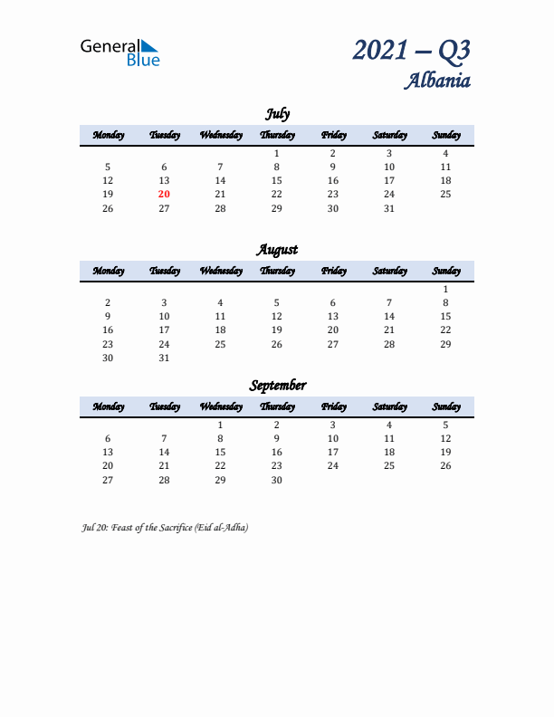 July, August, and September Calendar for Albania with Monday Start