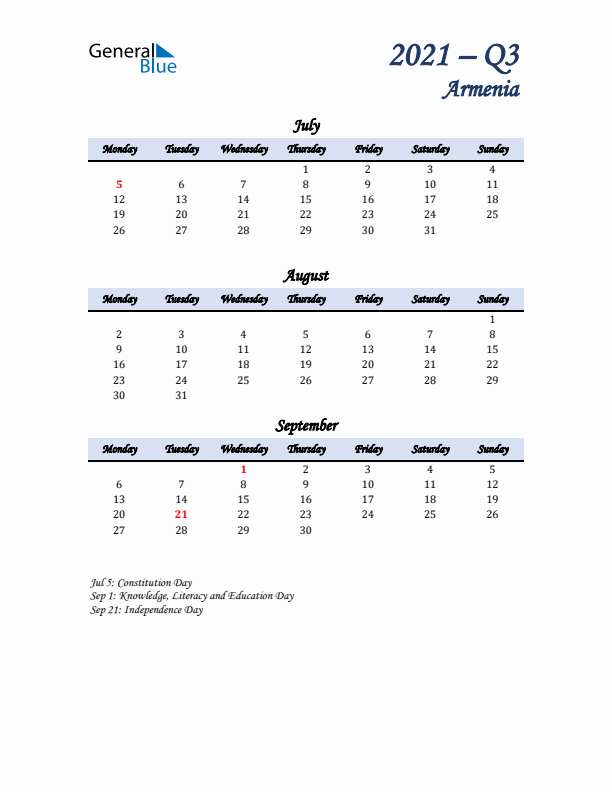 July, August, and September Calendar for Armenia with Monday Start