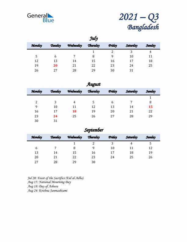 July, August, and September Calendar for Bangladesh with Monday Start