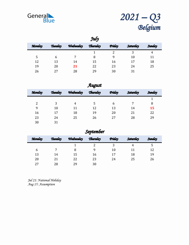 July, August, and September Calendar for Belgium with Monday Start