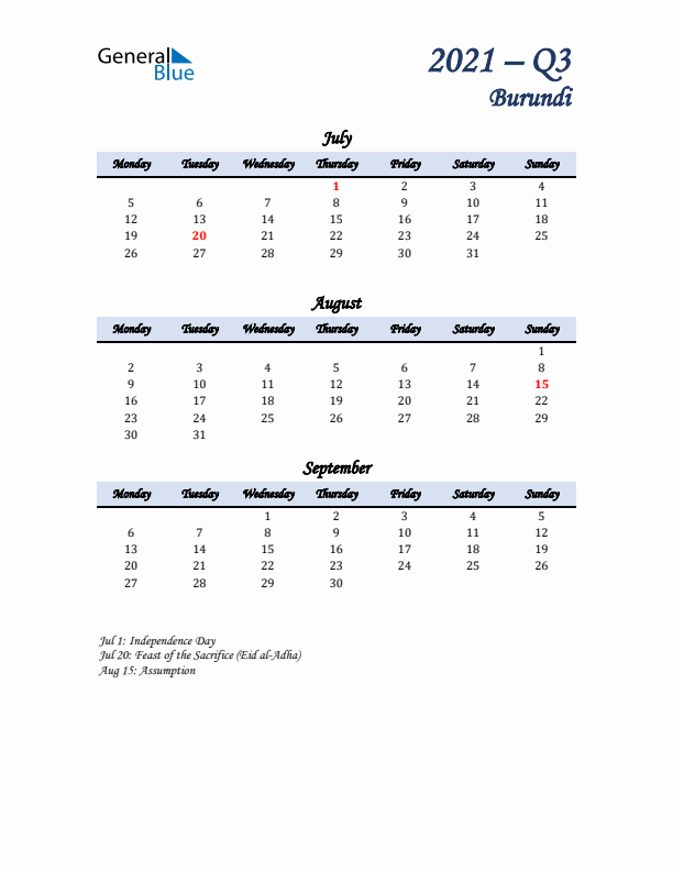 July, August, and September Calendar for Burundi with Monday Start