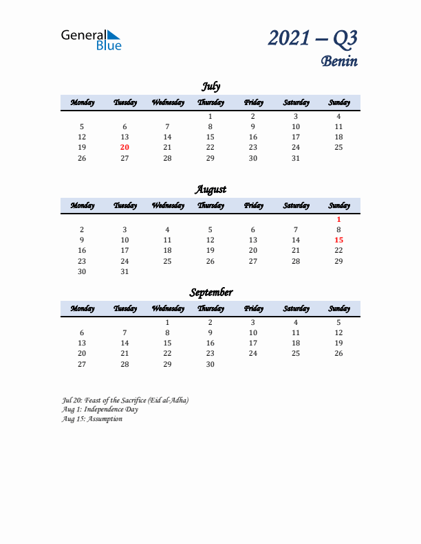 July, August, and September Calendar for Benin with Monday Start