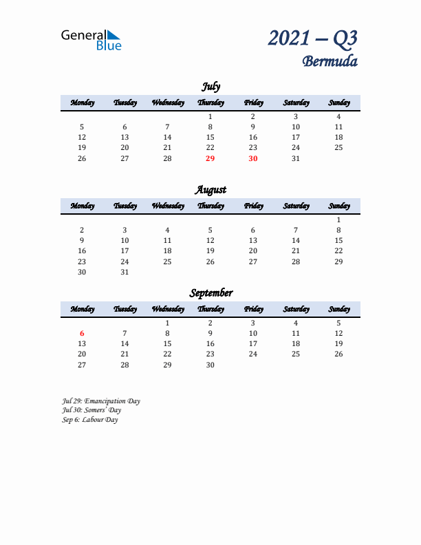 July, August, and September Calendar for Bermuda with Monday Start