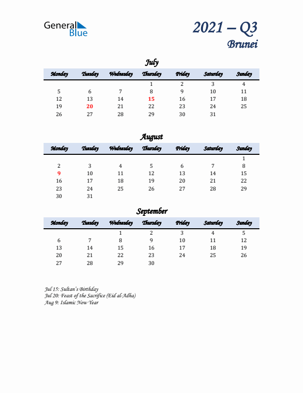 July, August, and September Calendar for Brunei with Monday Start