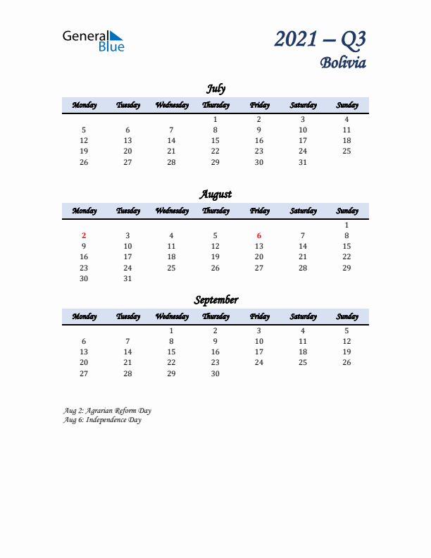 July, August, and September Calendar for Bolivia with Monday Start