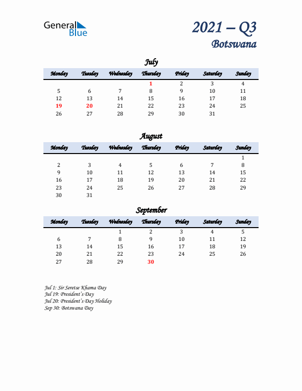 July, August, and September Calendar for Botswana with Monday Start