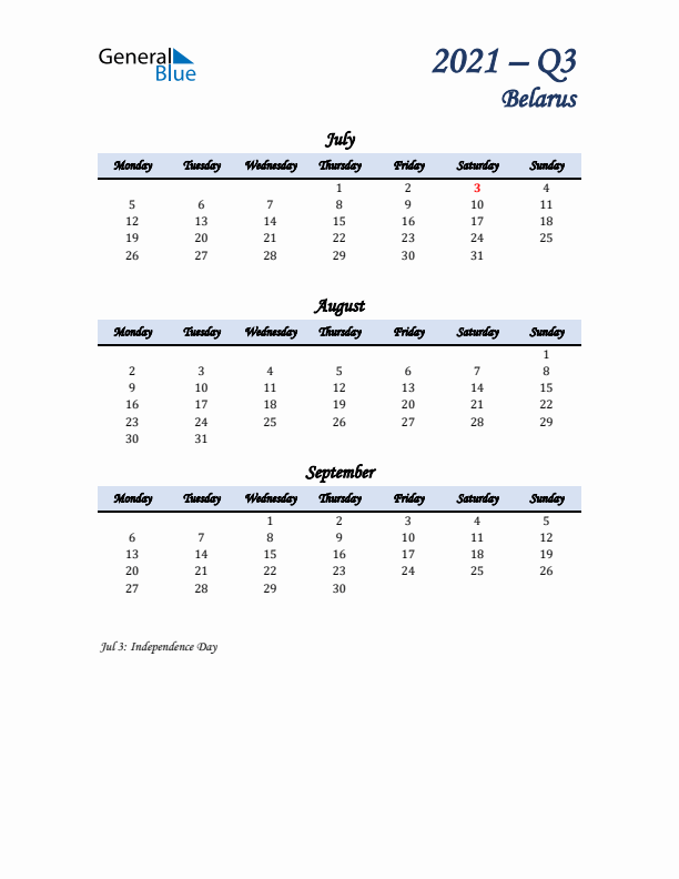 July, August, and September Calendar for Belarus with Monday Start