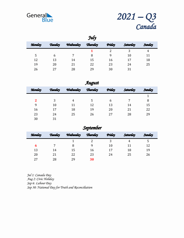 July, August, and September Calendar for Canada with Monday Start