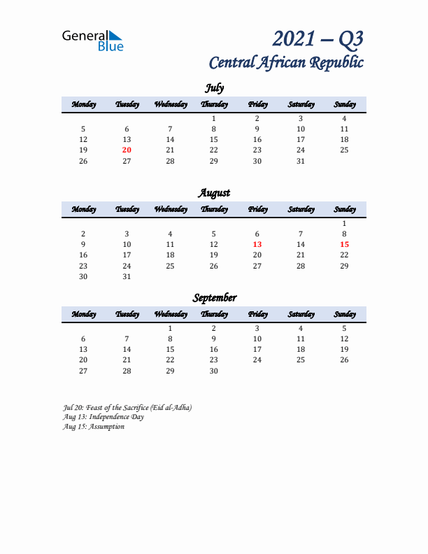 July, August, and September Calendar for Central African Republic with Monday Start