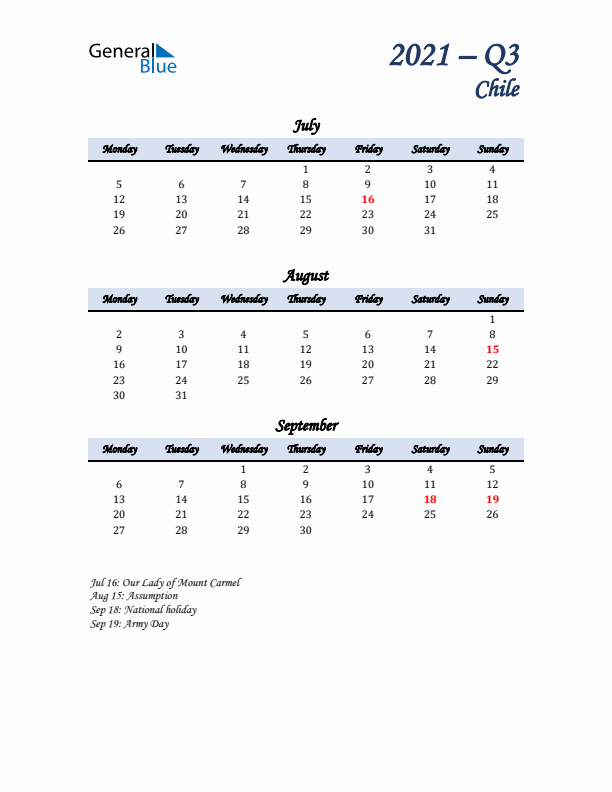 July, August, and September Calendar for Chile with Monday Start