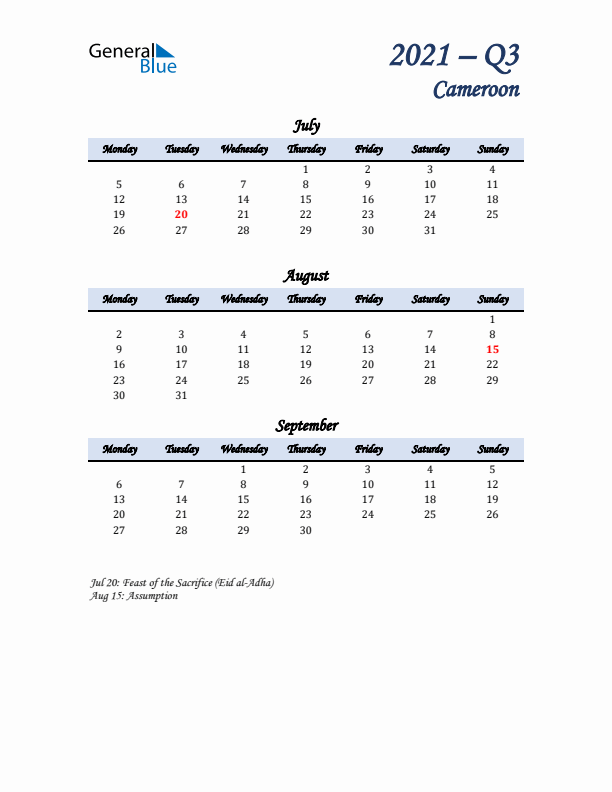 July, August, and September Calendar for Cameroon with Monday Start