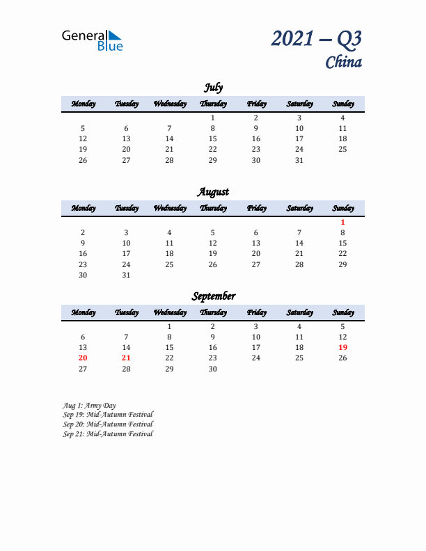 July, August, and September Calendar for China with Monday Start