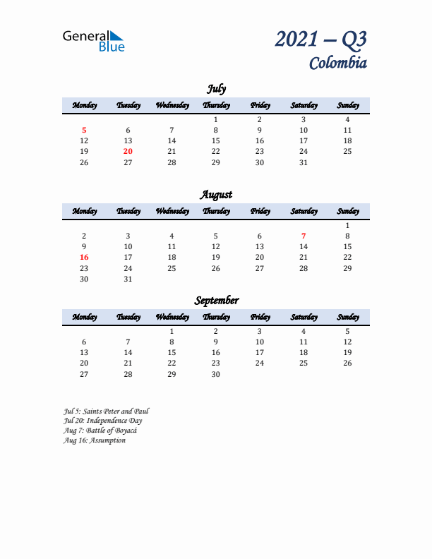 July, August, and September Calendar for Colombia with Monday Start