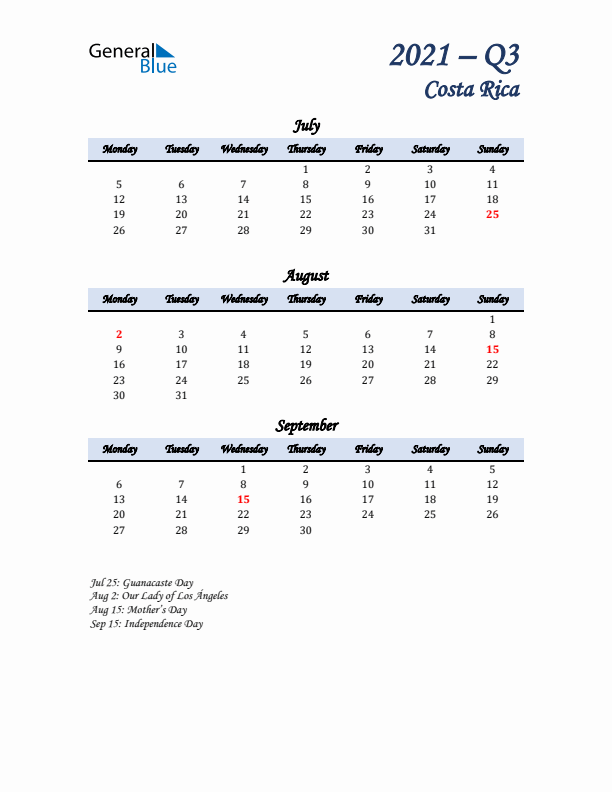 July, August, and September Calendar for Costa Rica with Monday Start